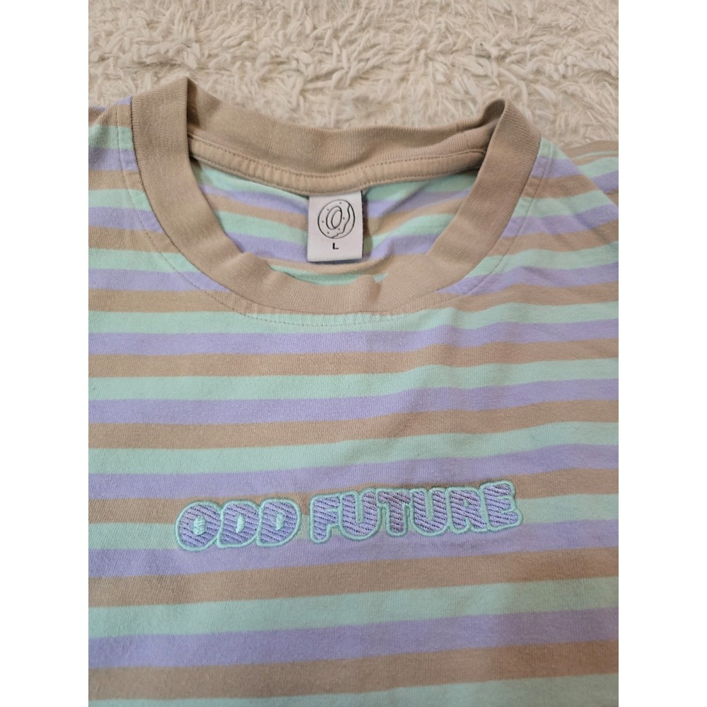 Odd Future Embroidered Striped T-Shirt - Pastel Blue, Purple, & Tan Size Large